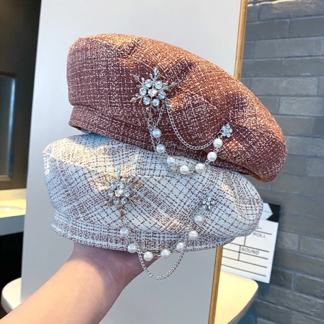 Fashion Lady Beret Hat Beanie Cap Rhinestone Beaded Chain Pandant Artist Casual