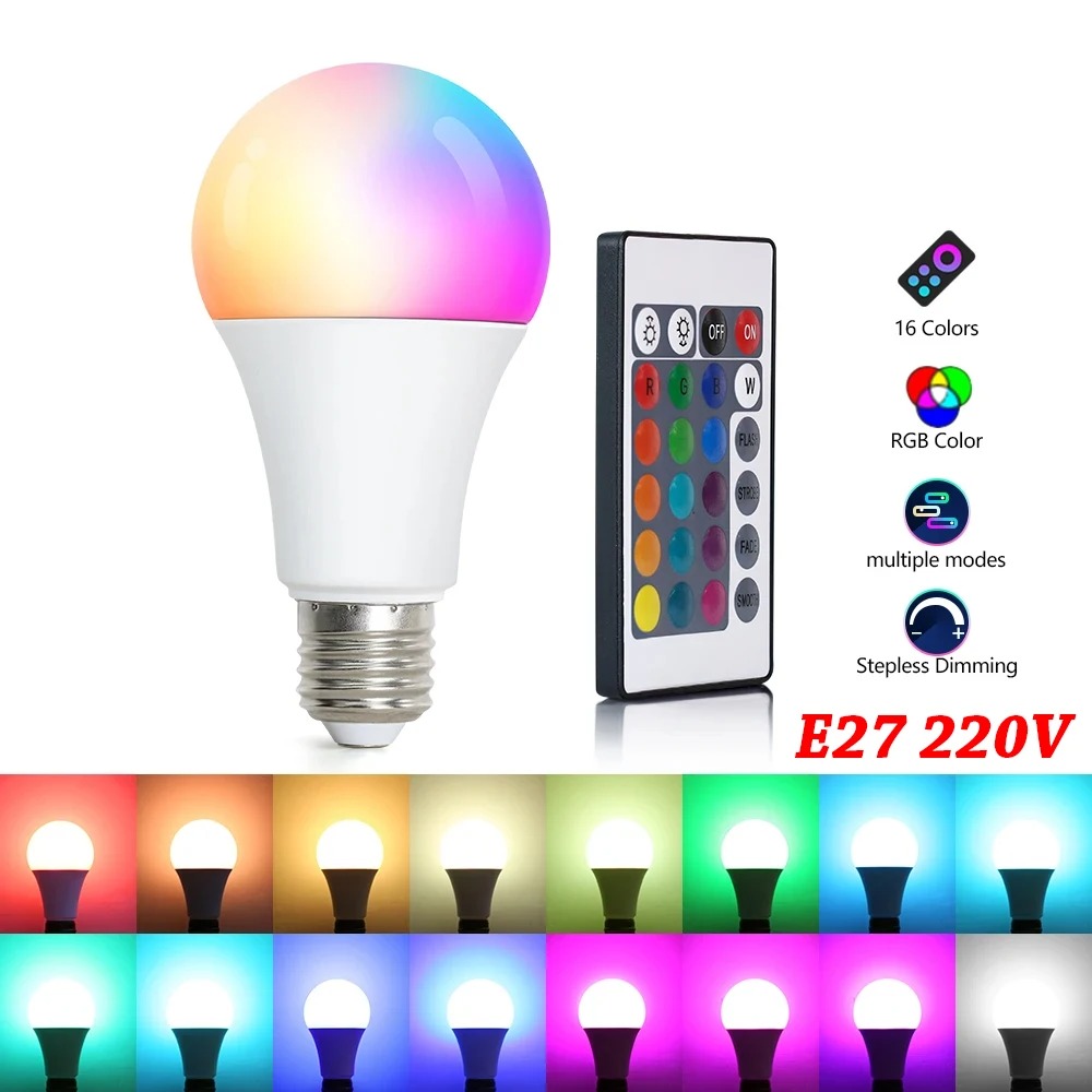 16 Colors RGB Bulb LED Multicolor Bulb E27 Base 220V Household Lighting Dimmable 24 Key Remote Control Atmosphere Neon Light - Image 2