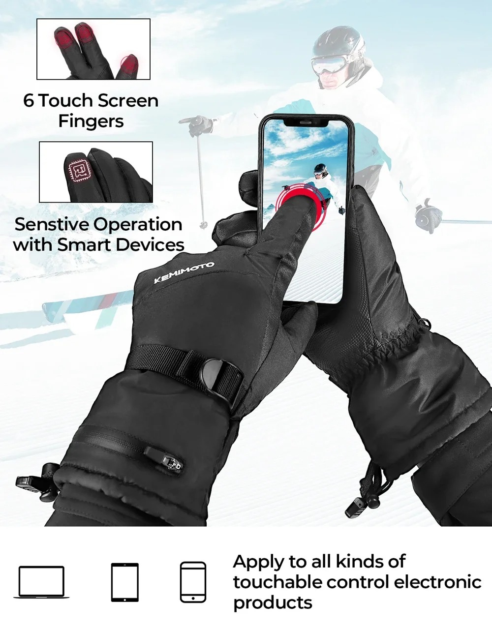 KEMIMOTO Ski Gloves Moto Gloves Winter Snowmobile Scooter Gloves Waterproof Touch Screen Riding Cycling Hunting Fishing - Image 3